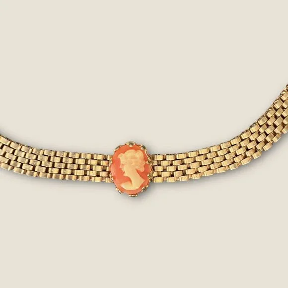 Vintage Dainty Cameo Retro Mesh Necklace Adjustable 11-14 Inches Gold-Tone - Picture 2 of 5